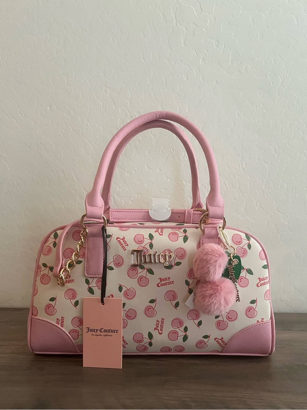 Juicy Couture Pink Cherry Print Satchel with Pink Cherries Pom-Pom Charm